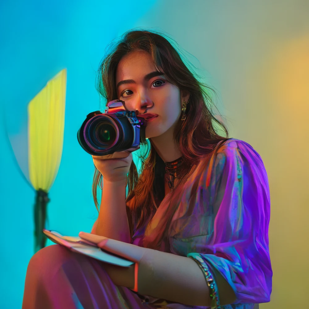 mexico youtuber with camera and notebook in a home studio