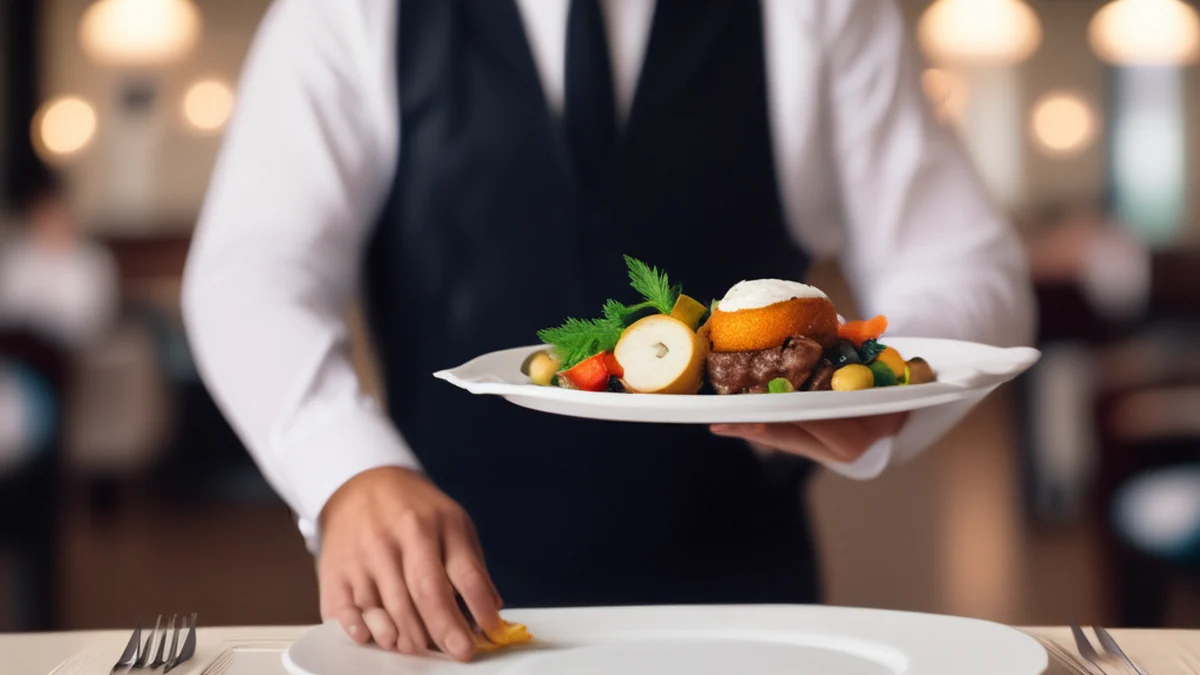 Um garçom oferece um prato gourmet a um cliente em um restaurante elegante.