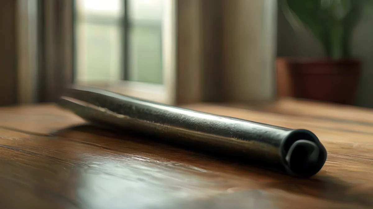Een enkel Mexicaans tin tube, lang en smal, met een diepe matte finish, rustend op een gladde houten tafel, onder zachte raamlicht, zachte scherpte, fotorealistisch, scherp focus, hoge details