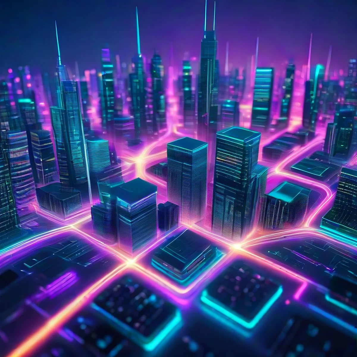 Abstrakte digitale Stadtlandschaft mit Datenströmen.