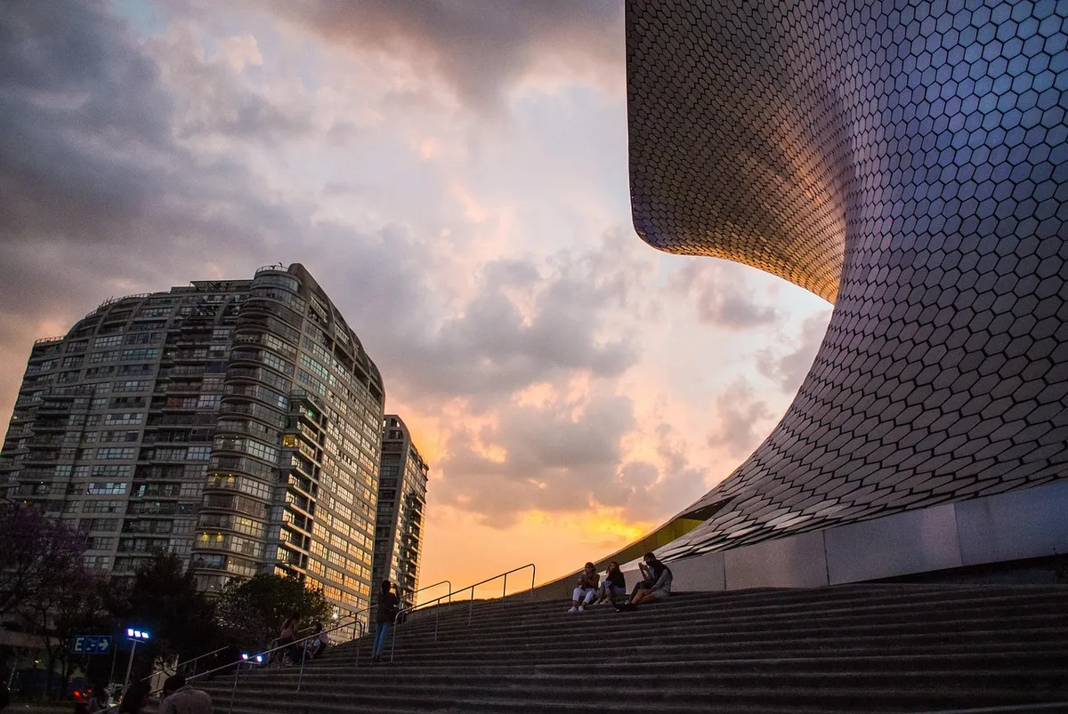 soumaya museum, mexico, architecture, nature, sunset